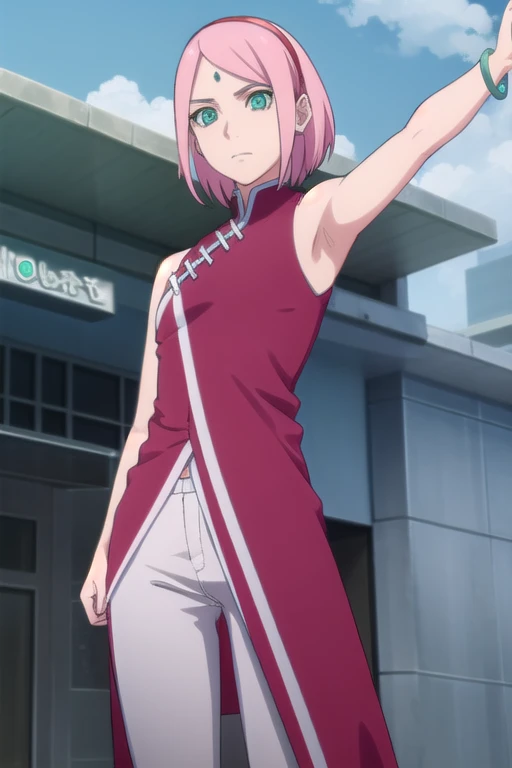 sakuraharuno, sakura uchiha, haruno sakura, short hair, (green eyes:1.5), pink hair, facial mark, forehead mark, hairband,
BREAK jewelry, sleeveless, pants, bracelet, sandals, toeless footwear, white pants, dress, red dress,
BREAK outdoors, city, sun, sky, clouds,
BREAK looking at viewer, (cowboy shot:1.5), armpits visible
BREAK (masterpiece:1.2), best quality, high resolution, unity 8k wallpaper, (illustration:0.8), (beautiful detailed eyes:1.6), extremely detailed face, perfect lighting, extremely detailed CG, (perfect hands, perfect anatomy),