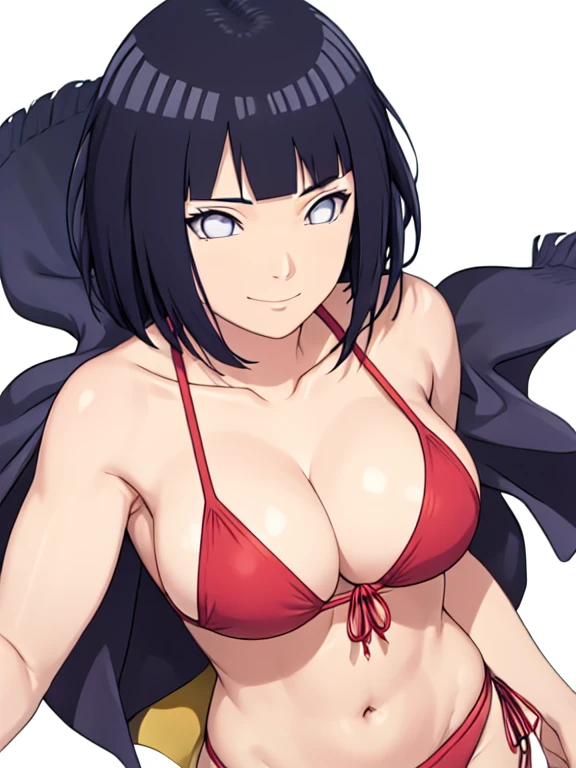(hinata\(boruto\), (high quality, upper body view only, anime, tall woman, perfect hand anatomy, red bikini, off-shoulders, little biceps, long belly, smile), ((extremely strong)), ((shaking boobs)), (medium-big breasts, cleavage), closed mouth), (posing for the viewer), pale skin, ((floating hair, dark blue, short hair, hime cut، loose hair), (background: simple white background only), (background: simple white background only)