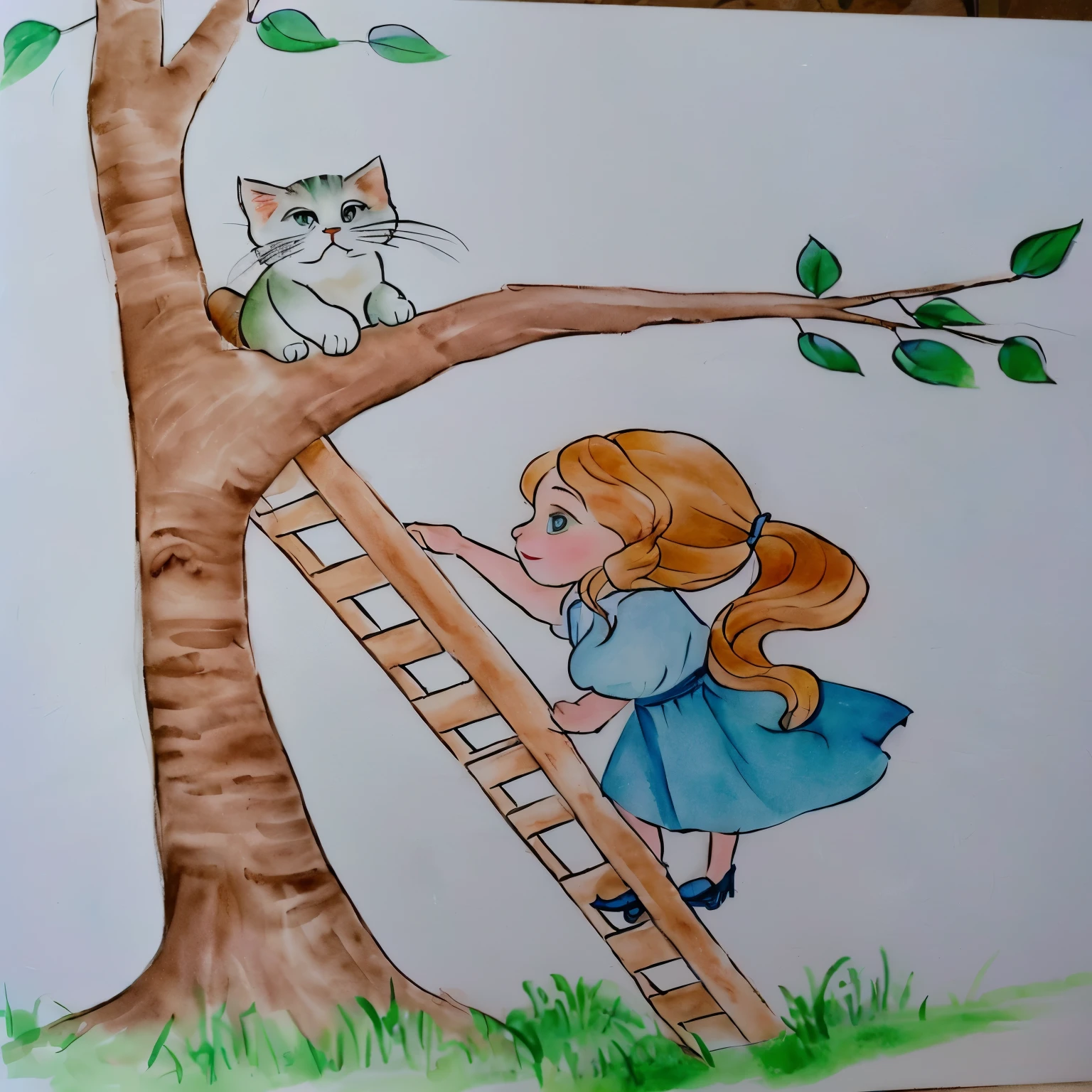 drawing of a person climbing a ladder to reach a cat, desenho de livro infantil, inspirado em Elsa Beskow, inspirado em Claire Hummel, inspirado em Sophie Anderson, illustration for children, children's illustration, inspirado em Jessie Newbery, book illustration infantil, book illustration infantil, book illustration , children's illustration, book illustration , book illustration