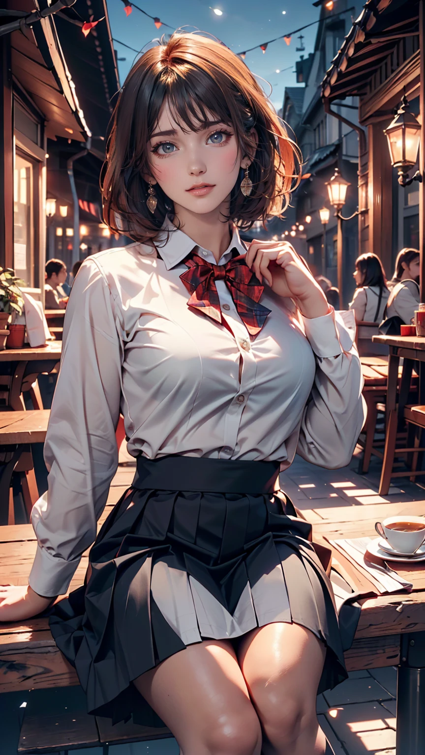 (8k, highest quality, masterpiece:1.2), (SFW:1.3), (Realistic, photo-Realistic:1.37), Super detailed, 1 girl,cute, alone,Beautifully detailed skies,Detailed cafe,night,Sitting,Date,(Red nose),(smile:1.1),(Mouth closed) Medium chest,Beautiful fine details,(Collared shirt:1.1), bow tie,Pleated skirt,(short hair:1.2),Floating Hair