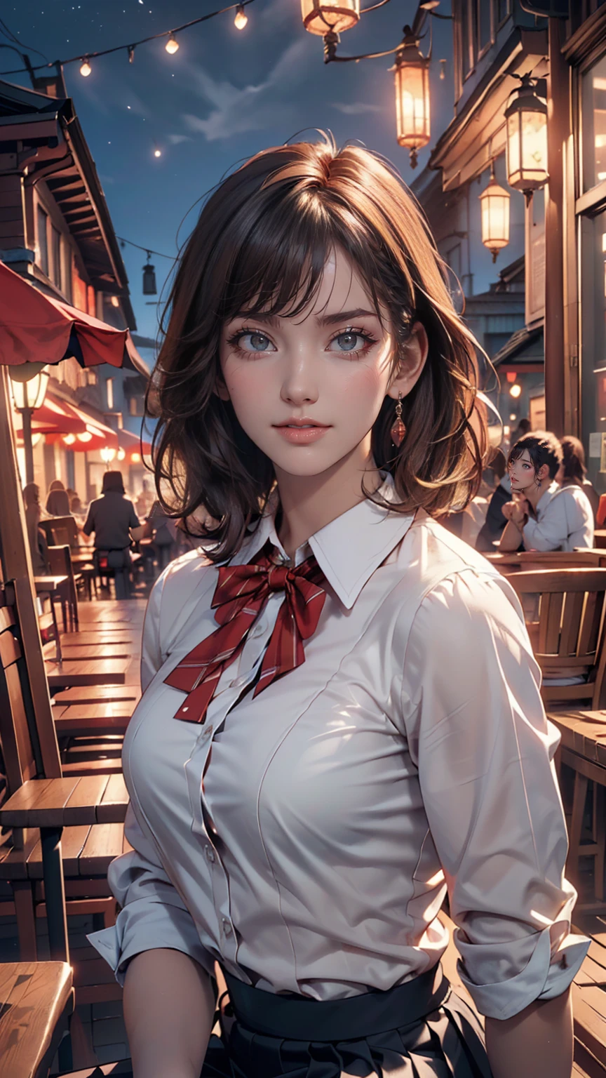 (8k, highest quality, masterpiece:1.2), (SFW:1.3), (Realistic, photo-Realistic:1.37), Super detailed, 1 girl,cute, alone,Beautifully detailed skies,Detailed cafe,night,Sitting,Date,(Red nose),(smile:1.1),(Mouth closed) Medium chest,Beautiful fine details,(Collared shirt:1.1), bow tie,Pleated skirt,(short hair:1.2),Floating Hair