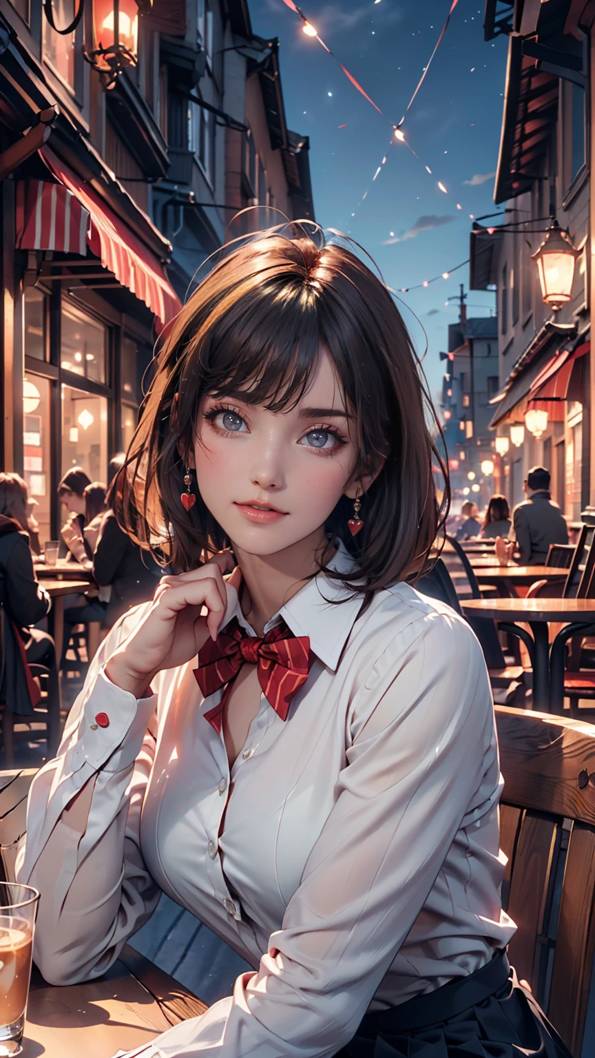 (8k, highest quality, masterpiece:1.2), (SFW:1.3), (Realistic, photo-Realistic:1.37), Super detailed, 1 girl,cute, alone,Beautifully detailed skies,Detailed cafe,night,Sitting,Date,(Red nose),(smile:1.1),(Mouth closed) Medium chest,Beautiful fine details,(Collared shirt:1.1), bow tie,Pleated skirt,(short hair:1.2),Floating Hair