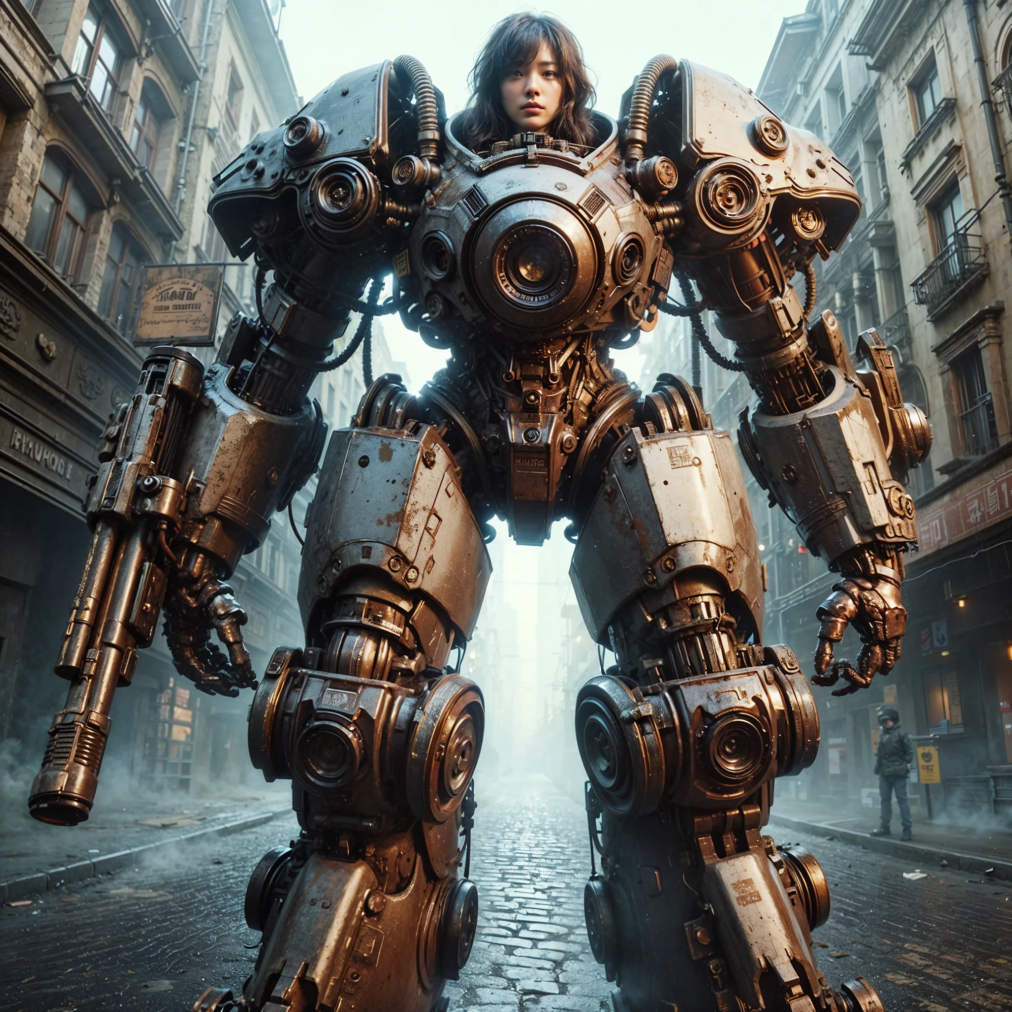ultra high res,8k,(Photorealsitic:1.4), (Lobster-like mechanical suit:1.2), designed by Hajime Katoki,heavy weapons,vivid textures,animal legs, gradation hair, japanese female soldier,(ultra beautiful face),((super realistic all textures)), ((super intricate all details)), full body shot, ultra sharp photo result, Acrylic Clear Cover, Hydraulic cylinder, style, taken with Fuji film X-T30+Nokton. HDR10,Minimum of 4 pieces created