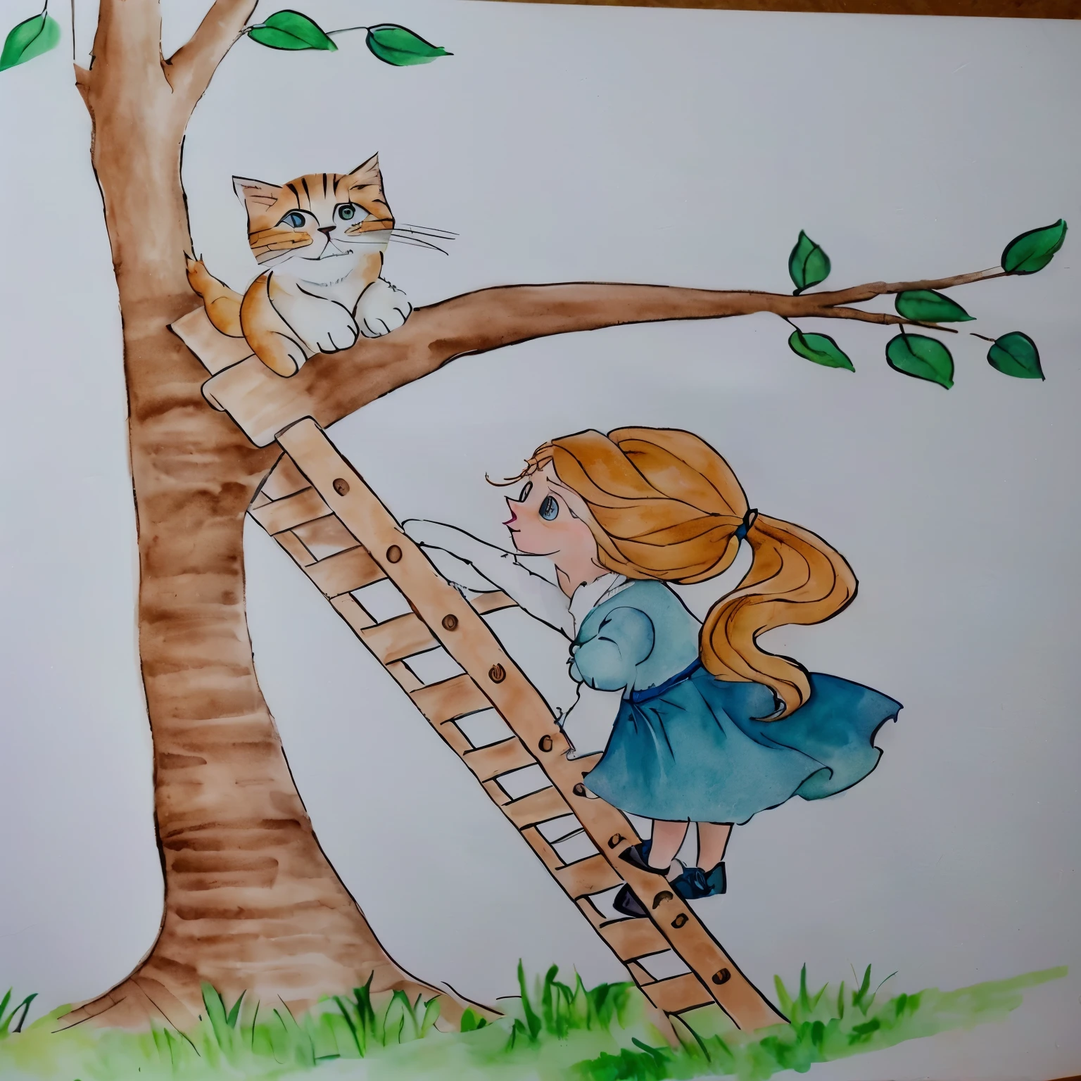 drawing of a person climbing a ladder to reach a cat, desenho de livro infantil, inspirado em Elsa Beskow, inspirado em Claire Hummel, inspirado em Sophie Anderson, illustration for children, children&#39;s illustration, inspirado em Jessie Newbery, book illustration infantil, book illustration infantil, book illustration , children&#39;s illustration, book illustration , book illustration 