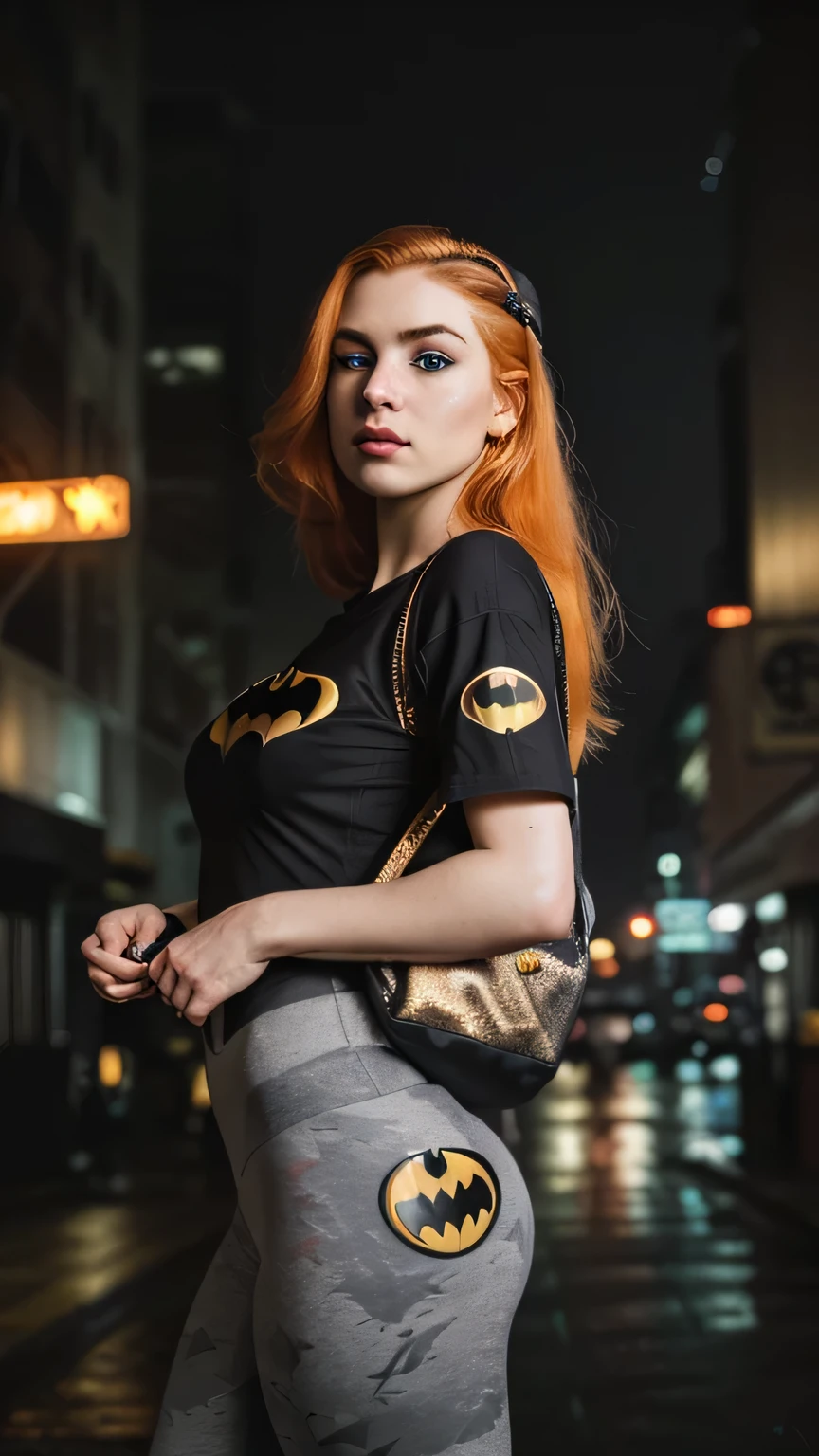 Cinematographic still, natutural lighting, bright lighting, Light is shining over her body, depth of field, high resolution, reflection light, bokeh, Realism, 8K. Solo. Amidst the neon-lit glow of a retro-street, busty ginger in Gotham City, with neon-lights and desaturated colors. 

Characters: Ginger girl(very busty), bold eyebrows, blue-eyes, soft makeup, puffy lips, long straight hair(orange-hair), porcelain skin, wide hips, large breasts, perfect hands, perfect fit legs.

She's dressed in a hip-hop style, with a BATMAN-print Apricot-Streetwear Clothes, an oversized graphic-t-shirt(with BATMAN-print logo), tight-leggings, and black&light gray-accessories(BATMAN earrings, black-baseball-cap(BATMAN logo), with a backpack), and sneakers, she holding a plastic bag(caught in an asymmetrical pose). 


Setting: Gotham City, perpetual twilight, towering skyscrapers, grimy alleyways, neon-signs, wet-pavements, dim yellow-streetlights, shadows concealing horrors.

Posing: Asymmetrical pose, holding a plastic bag, walking on the city's sidewalk.  Color scheme theme: ((((BATMAN print, Apricot/Black/Light-Gray colors palette theme, with a gold accents))).

9. Camera Angle: Slightly tilted, angled upward to create a dynamic and dramatic effect on the model's pose.

The scene is captured on a faded film reminiscent of a 70mm(photo from decades past). The colors are desaturated(emphasizing the gloom). The overall effect is akin to the Kodachrome slides of yesteryears, with a touch of Lomography’s(capturing a moment frozen in time). The scene is dark, with harsh lighting and a blurred bokeh background. ((CLOSE UP SHOT))