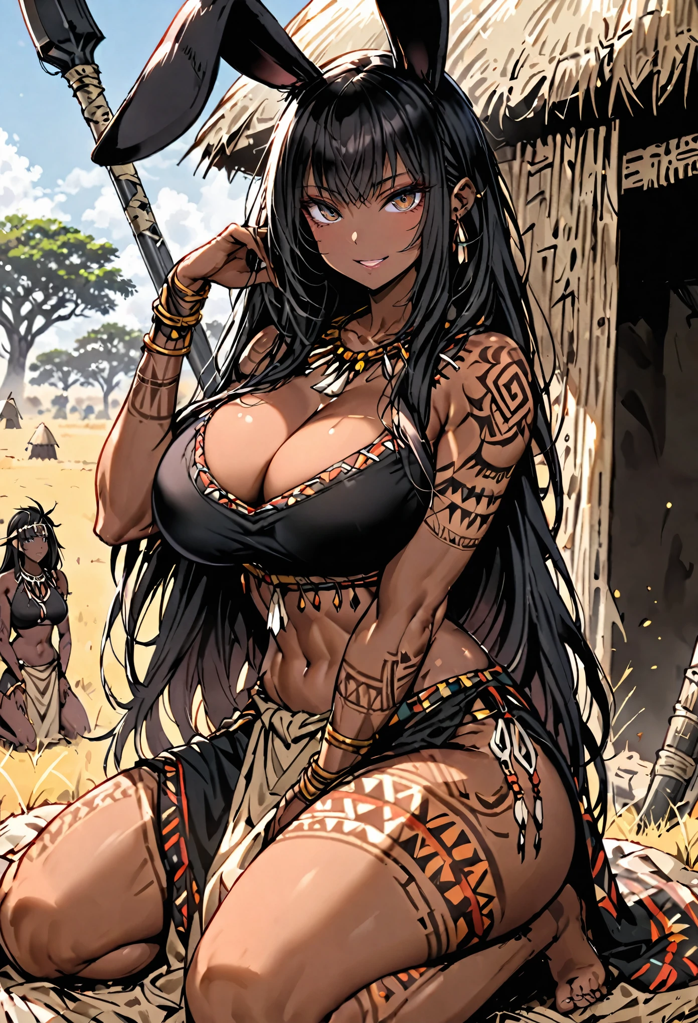 female, huge black rabbit ears, floppy black rabbit ears, dark skin, black hair, very long hair, braided hair, huge breasts, tribal clothes, tribal tattoos, sackcloth clothes, thick thighs:0.4, teasing smile, kneeling, savannah, hut, spear, black eyes, abs, bare midriff, cleavage, heaving breasts, close up, from the waist up, looking at viewer