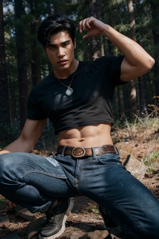 Charles Melton, Reggie Mantle, Wolf, 18 years old, short messy black hair, slim muscular build, black eyes, open light blue shirt, dark blue jeans, black belt, light brown combat boots, silver moon pendant, gold background black, misty forest