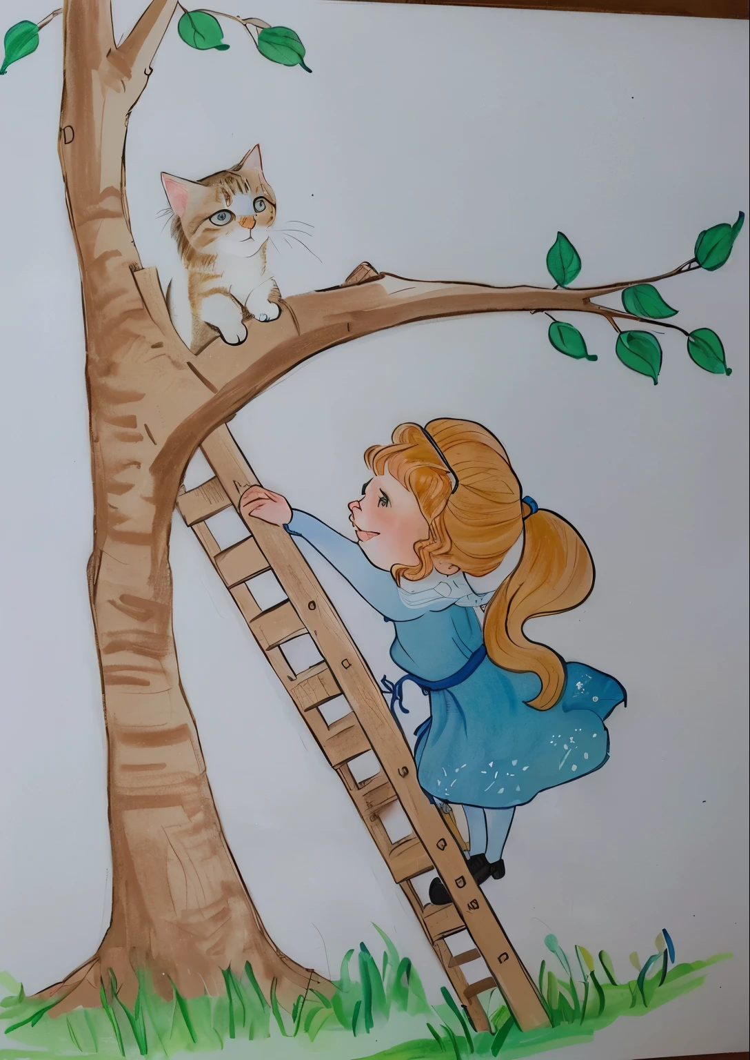 drawing of a person climbing a ladder to reach a cat, desenho de livro infantil, inspirado em Elsa Beskow, inspirado em Claire Hummel, inspirado em Sophie Anderson, illustration for children, children's illustration, inspirado em Jessie Newbery, book illustration infantil, book illustration infantil, book illustration , children's illustration, book illustration , book illustration