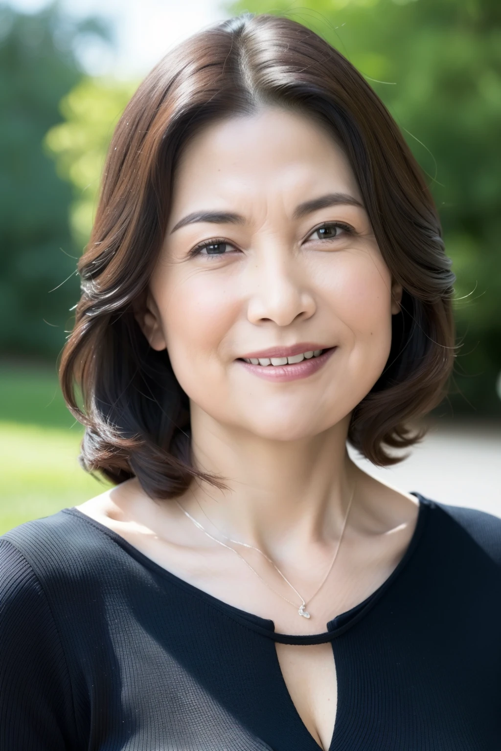 最high quality, In 8K, Masseter muscle area, Lifelike, Sharp focus, high quality, High resolution, Detailed face, Detailed eyes, Thick lips, Background Blur, solo, Middle-aged women, , 55 years old, , Medium long wavy hair, Cleavage, Wearing a plain short-sleeved knit, Afternoon in front of the park garden, Wrinkles around the eyes, Toothy smile