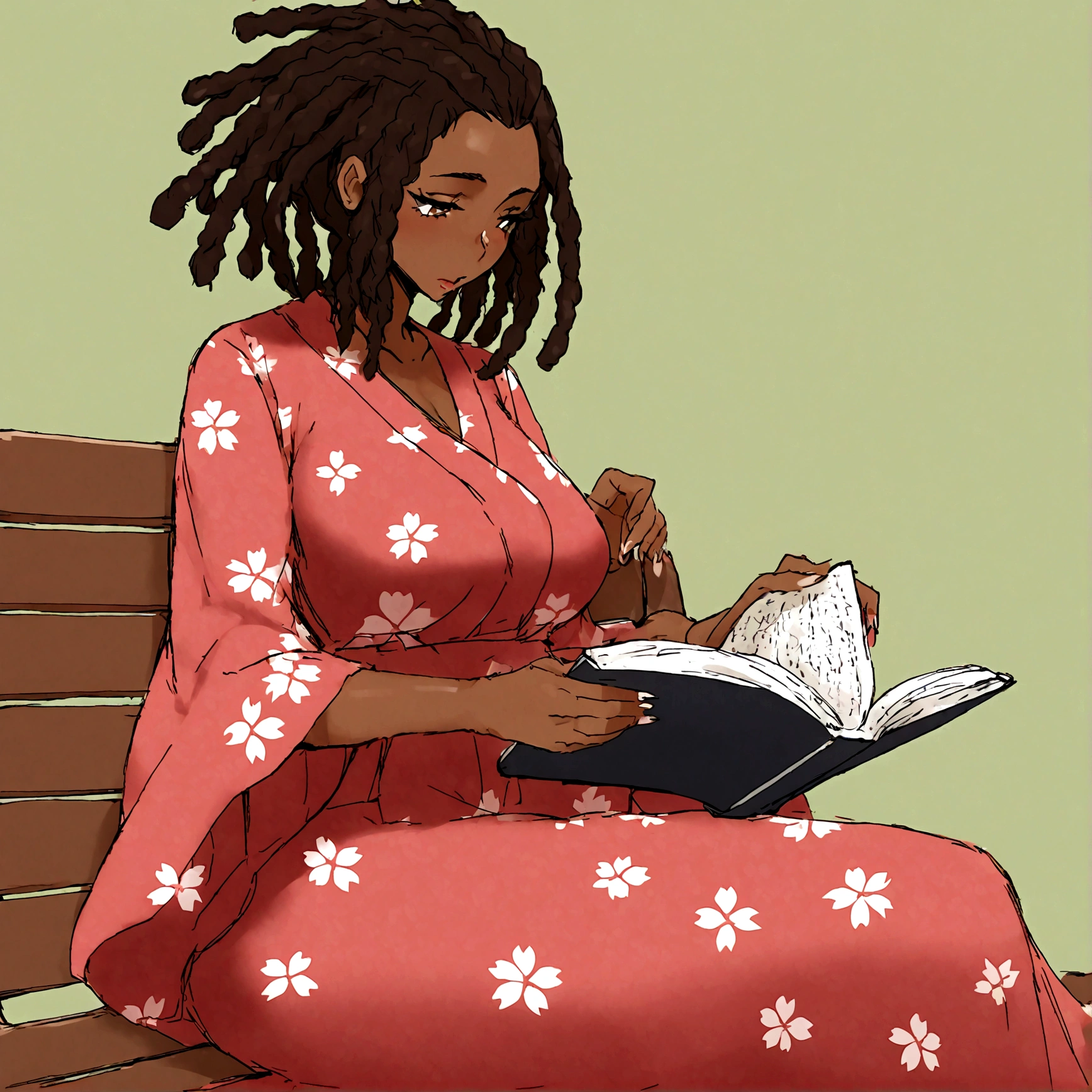 a sexy, curvy ebony skinned milf with long dreadlocks in a flowing sakura dress on a bench reading a book