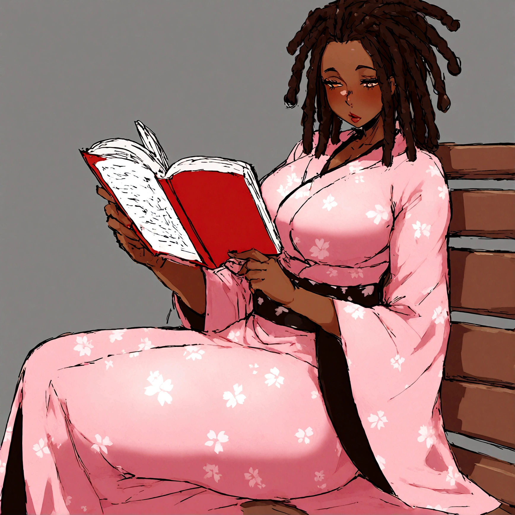 a sexy, curvy ebony skinned milf with long dreadlocks in a flowing sakura dress on a bench reading a book