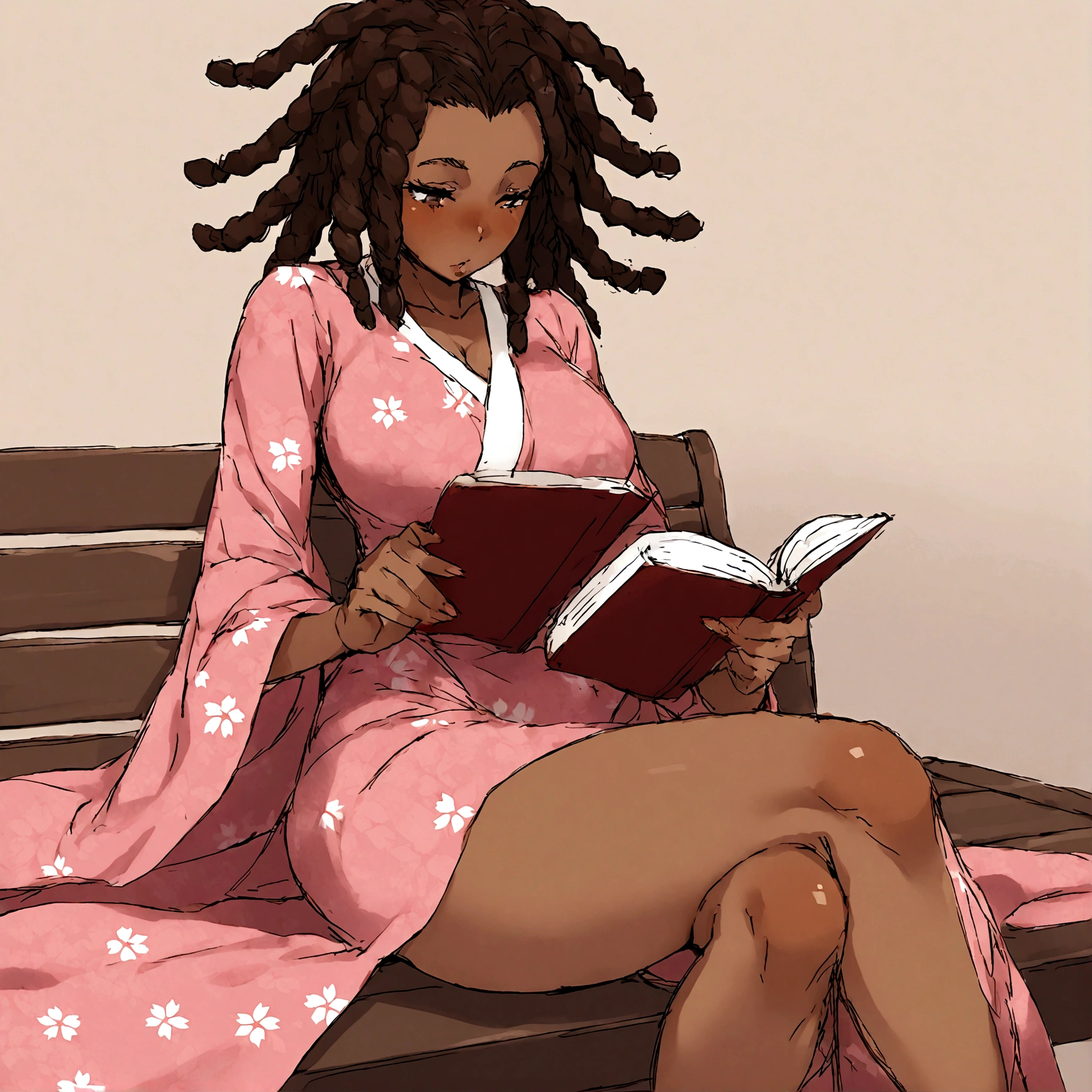 a sexy, curvy ebony skinned milf with long dreadlocks in a flowing sakura dress on a bench reading a book