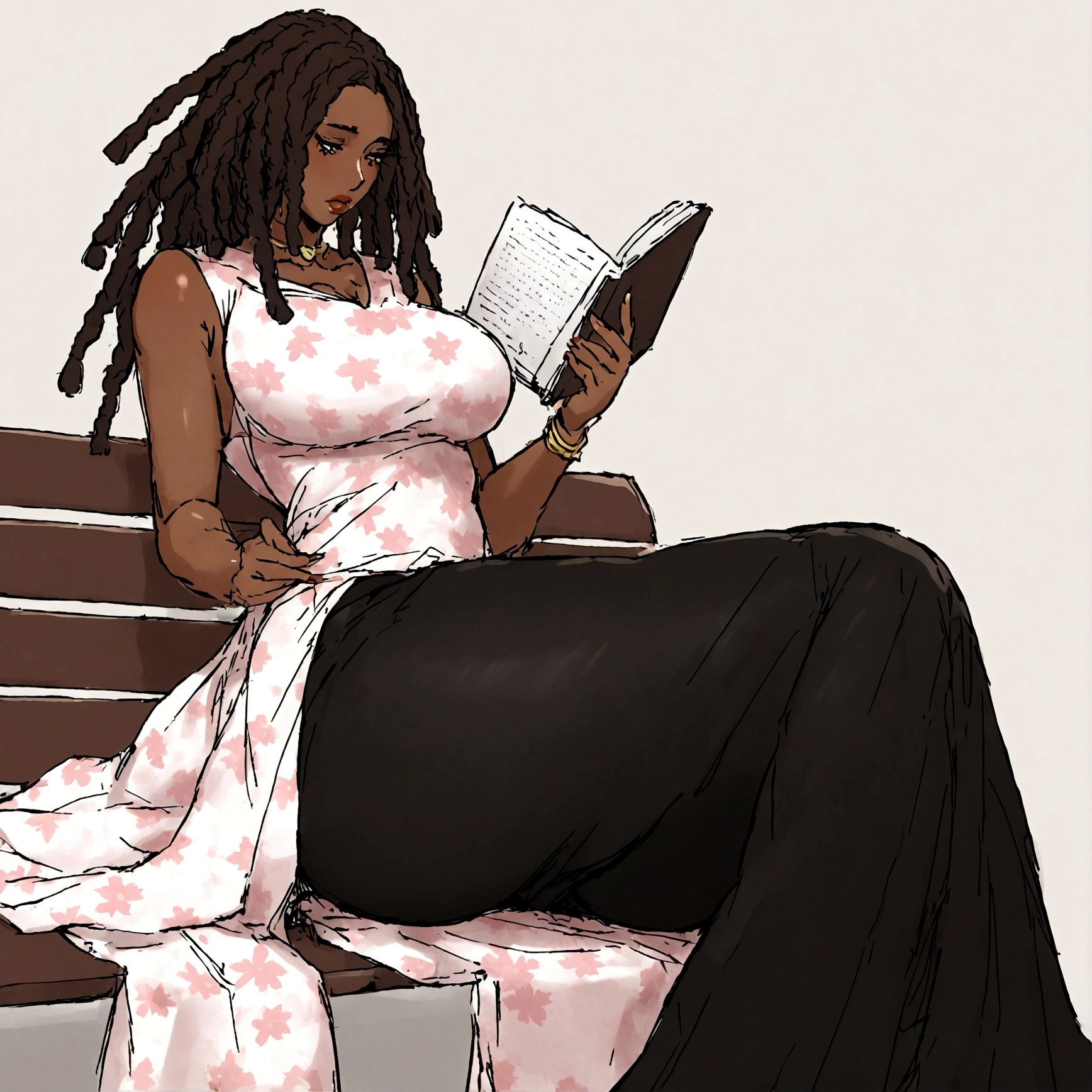 a sexy, curvy ebony skinned milf with long dreadlocks in a flowing sakura dress on a bench reading a book