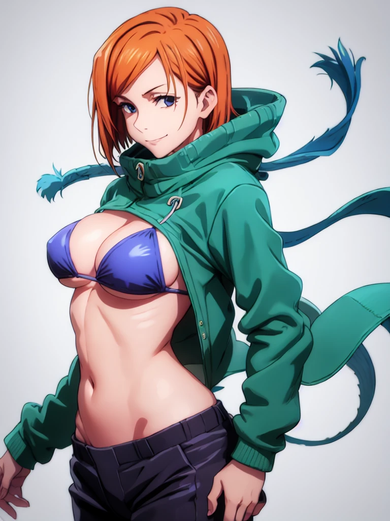(high quality, upper body view only, anime, tall woman, perfect hand anatomy, red bikini, off-shoulders, little biceps, long belly, smile), ((extremely strong)), ((shaking boobs)), (medium-big breasts, cleavage), closed mouth), (posing for the viewer), pale skin, ((floating hair, orange blue, short hair, hime cut، loose hair), (background: simple white background only), (background: simple white background only)