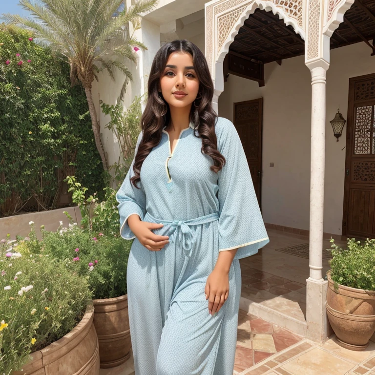 Young Moroccan housewife, chubby, moroccan pyjama, short clothes, celebrations, messy hair, jellaba, glossy, garden, Eid adha, sheep, caftan, soft skin, glossy lips, small waist, sweat,