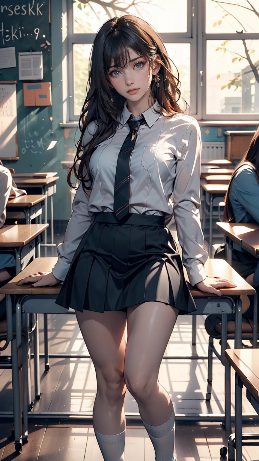 ((masterpiece)), ((highest quality)), ((High resolution)), ((Highly detailed CG Unity 8k wallpaper)), alone, tachibana kanade, Black Skirt, White socks, A small smile, classroom