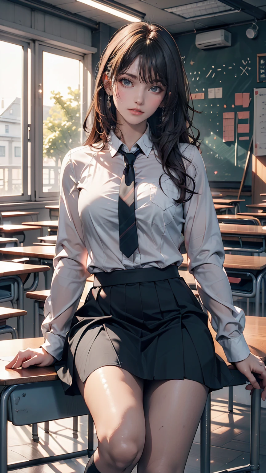 ((masterpiece)), ((highest quality)), ((High resolution)), ((Highly detailed CG Unity 8k wallpaper)), alone, tachibana kanade, Black Skirt, White socks, A small smile, classroom