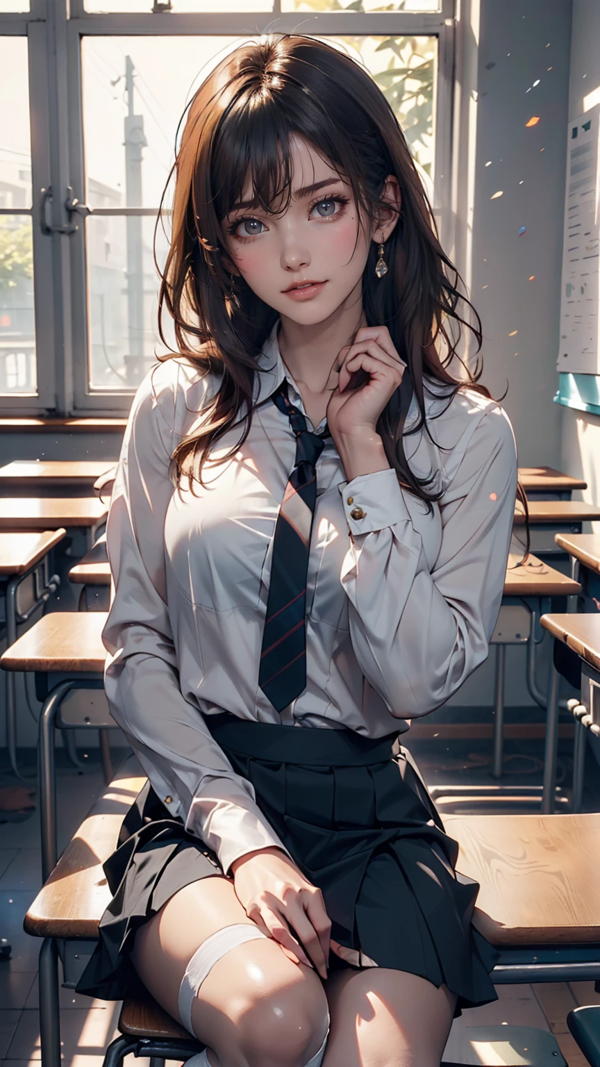 ((masterpiece)), ((highest quality)), ((High resolution)), ((Highly detailed CG Unity 8k wallpaper)), alone, tachibana kanade, Black Skirt, White socks, A small smile, classroom