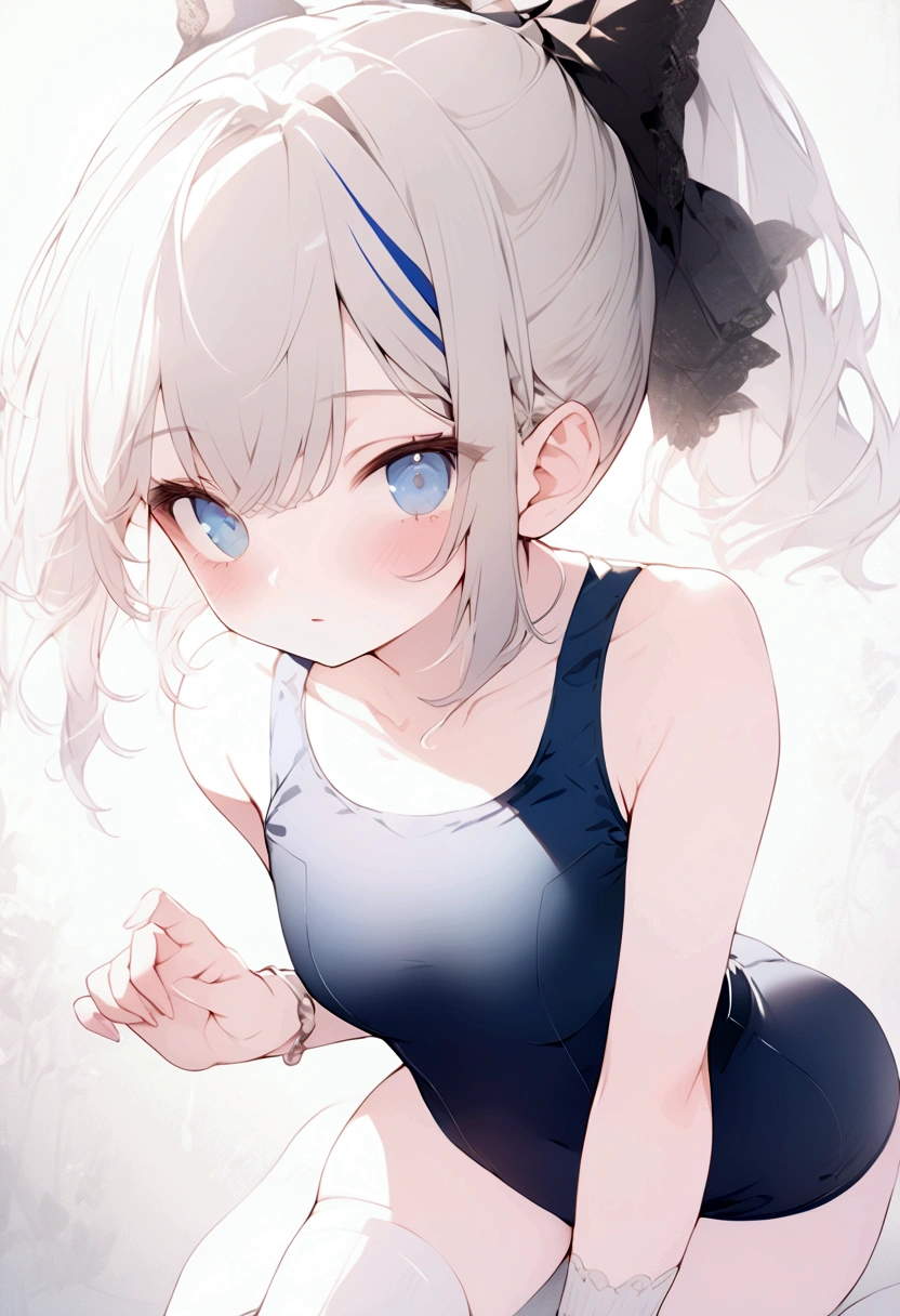 beautiful, masterpiece, highest quality, anime, One girl, C Cup,Portrait Shot, View your viewers, Intricate details,>,((Covered、Short Hair、nearby、Blue Eyes、art、、White hair,Blue streaked hair、wallpaper、ponytail、School swimsuit、White knee socks
