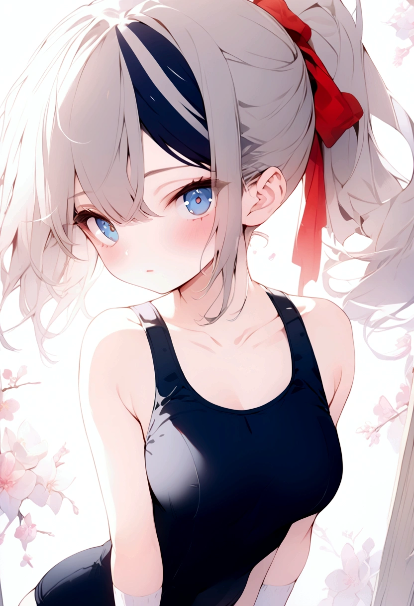 beautiful, masterpiece, highest quality, anime, One girl, C Cup,Portrait Shot, View your viewers, Intricate details,>,((Covered、Short Hair、nearby、Blue Eyes、art、、White hair,Blue streaked hair、wallpaper、ponytail、School swimsuit、White knee socks
