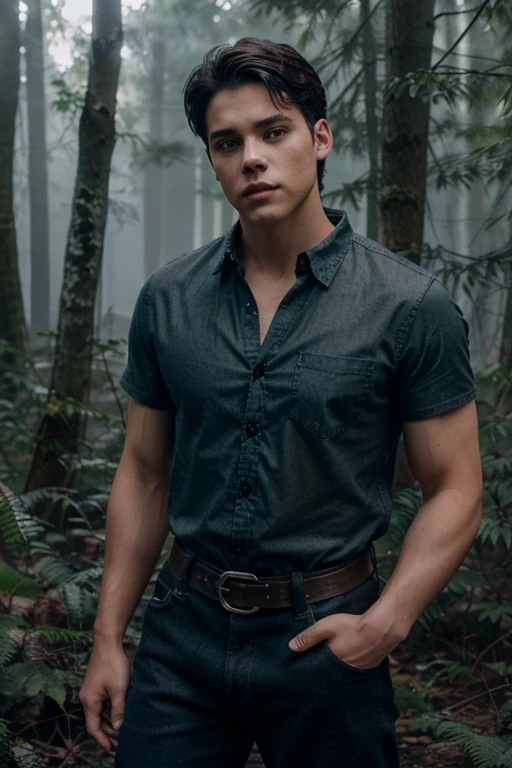 Casey Cott, Kevin Keller, Wolf, 18 years old, short messy black hair, slim muscular build, black eyes, light green open shirt, dark blue jeans, black belt, light brown combat boots, silver moon pendant, bottom black gold, misty forest