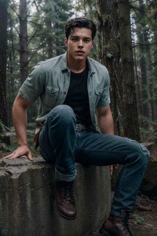 Casey Cott, Kevin Keller, Teen Wolf, 18 years old, short messy black hair, slim muscular build, black eyes, light green open shirt, dark blue jeans, black belt, light brown combat boots, silver moon pendant, bottom black gold, misty forest