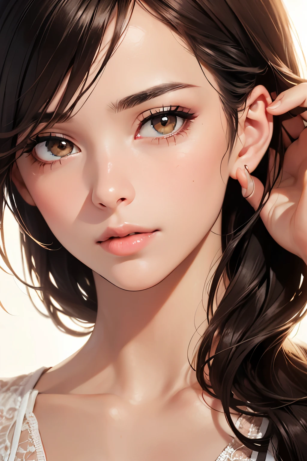 highest quality、High resolution、Detailed Background、(Beautiful face in every detail:1.4)、Anatomically correct、(Detailed facial expressions)、(fine grain:1.2)、Beautiful Madame in her 50s、(Highly detailed face:1.4)、While stroking my hair、Brown Hair、Long Hair、Wavy Hairstyle、well-groomed eyebrows,eye make up、Lip Makeup、relaxed, Adult atmosphere、Seaside