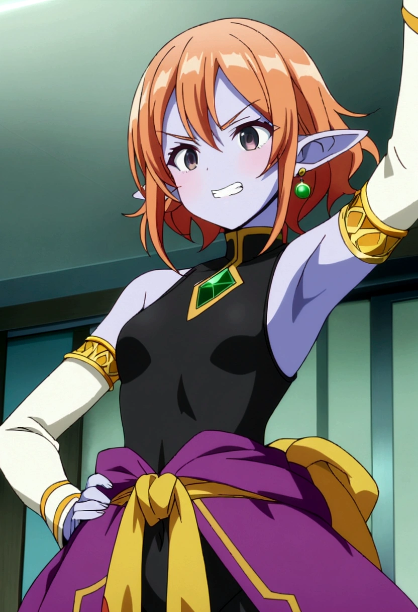 ,Chronoa, source_anime, score_9, score_8_up, score_7_up, anime screencap,8k, absurdres, chronoa, 1girl, solo, bare shoulders, potara earrings, orange hair, pointy ears, black eyes, colored skin, purple skin, official style, low detached sleeves, grin, hand on hip, tunic around waist, yellow sash, navel, torso grab, white sleeves, sleeveless turtleneck leotard, purple tunic, kai tunic, small breasts, high waisted bottomwear, black leotard, clenched teeth, arm up, curved shoulders, bare biceps, short hair, armpit,