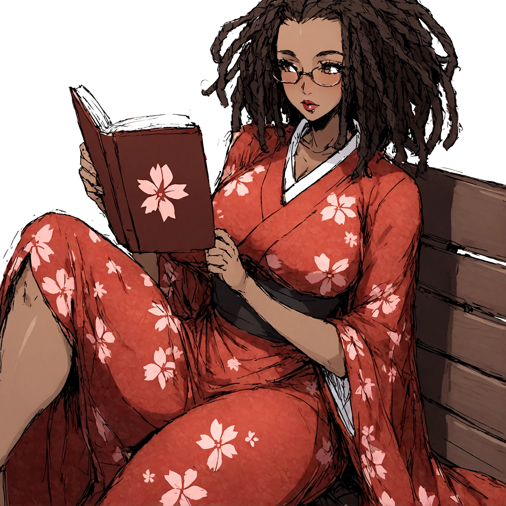 a sexy, curvy ebony skinned milf with long red dreadlocks in a flowing sakura dress on a bench reading a book