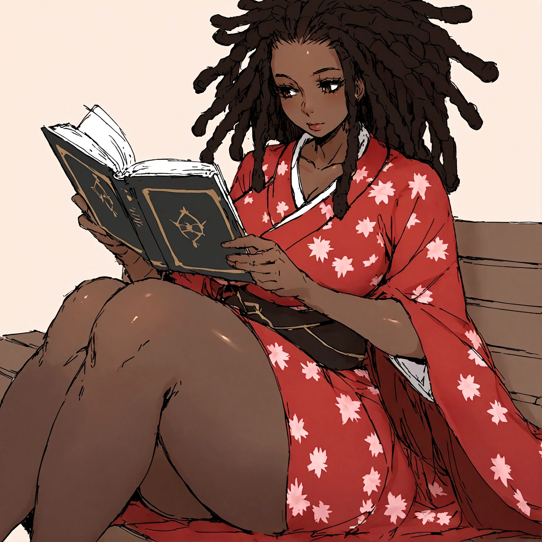 a sexy, curvy ebony skinned milf with long red dreadlocks in a flowing sakura dress on a bench reading a book