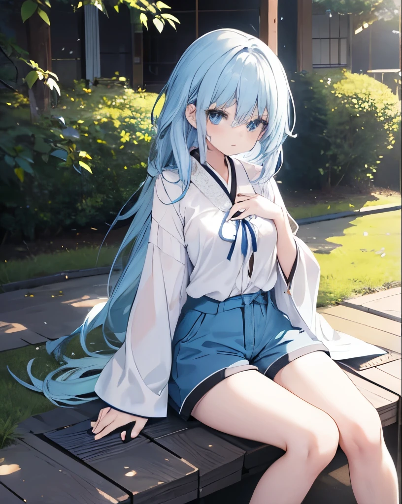A Japanese girl with very long light blue hair, blue, straight, cute, beautiful, blue eyes, in an empty park, hands behind her back, blouse, shorts, beautiful legs, cosplay, hand curled up on her big chest, woman's body