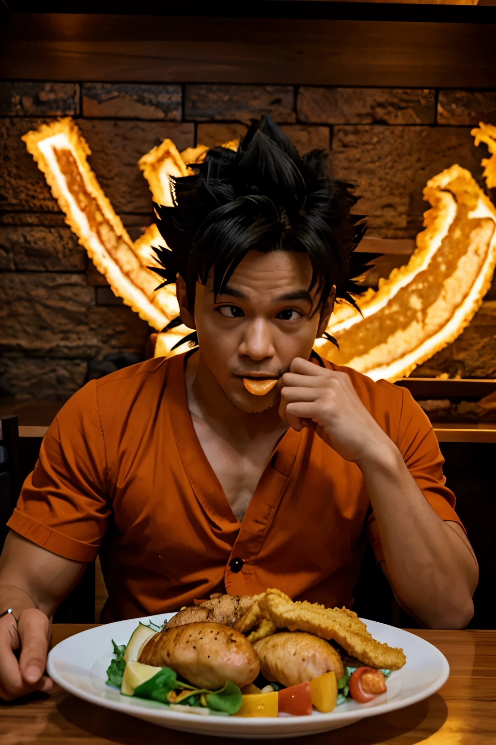 Goku comiendo pollo frito