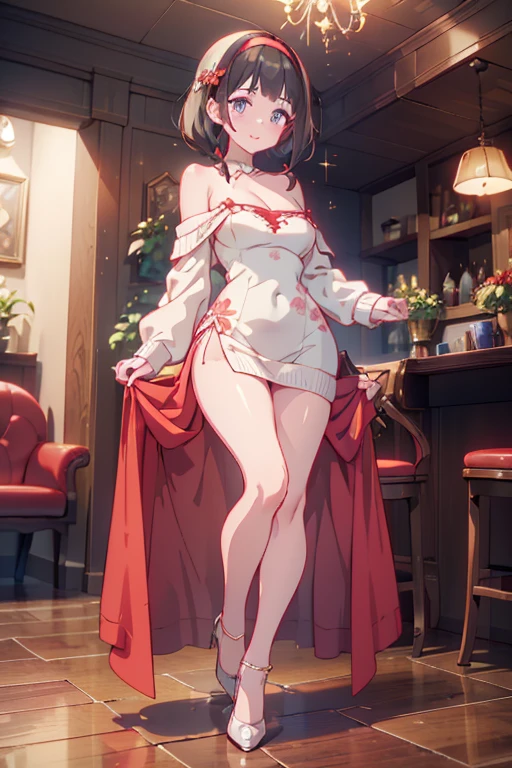 (((Masterpiece))),(((Super Detail))),(((in 8K))),(((best composition))),(((Rim lighting,Fireglow effect,deep shadow))),solo),Beautiful fingers,Detailed finger features,(Detailed hair features:1.7),(Dynamic and sexy bending pose:1.3),detailed facial features,detailed clothes features, (perky chest:1.1), (pointed chest:1.3), delicate beautiful face, Bright blue eyes, cute eyes, sparkling eyes, Big eyes, beautiful detailed eyes,(super detailed glossy skin:1.3),slender body,goddess smile,((with sparkling eyes and a contagious smile)),beautiful posture,have a cup of coffee,black hair, red eyes, dress, bare shoulders, jewelry, collarbone, sidelocks, hairband, earrings, indoors, off shoulder, sweater, arms behind back, plant, short hair with long locks, white hairband, off-shoulder dress, sweater dress, off-shoulder sweater, red sweater, big side hair:1.2, very long side hair, (super delicate floral pattern:1.2),seductive cleavage:1.3,beautiful glossy legs,shiny red high heels,lifting dishes with cakesd,french restaurant,hustle and bustle,rising steam of coffee,(((depth of fields)))