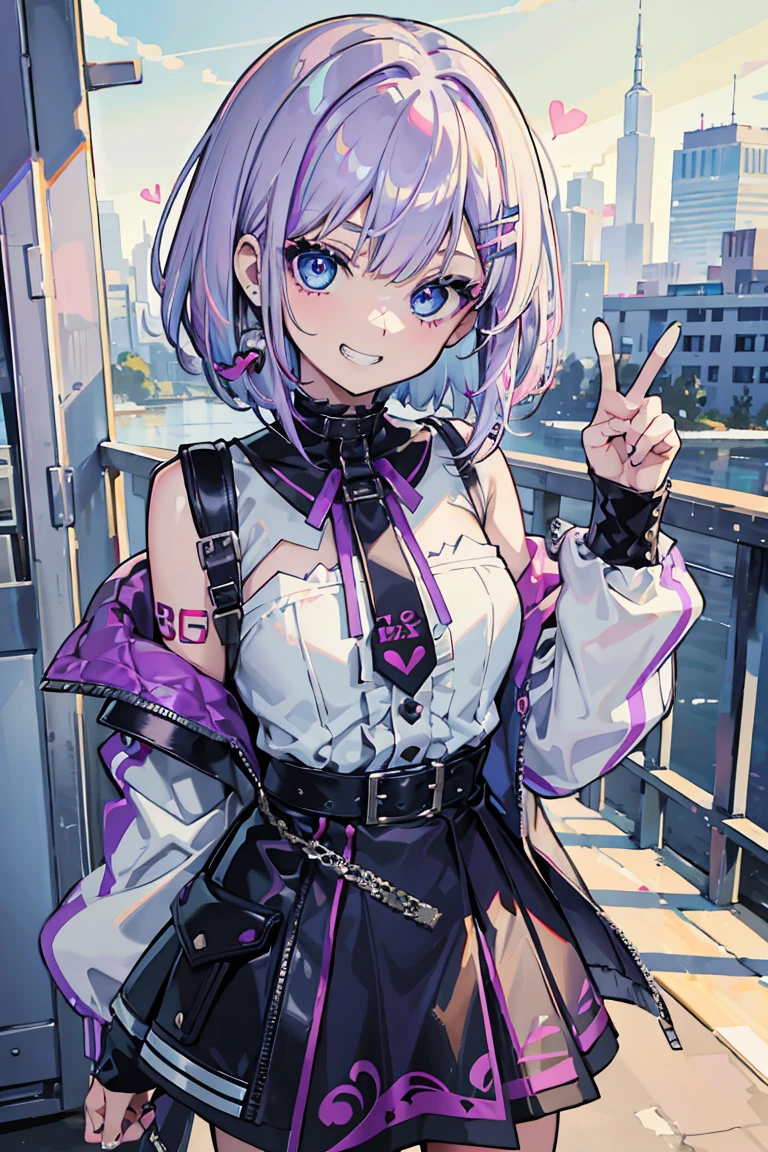 1 girl, Punk Makeup, (hair ornaments),(Grin), Sexy pose, Colorful clothes, White and purple hair, Semi-bob cut, Leather skirt, Gentle expression, Beautiful expression, Light blue eyes, (Hearts in eyes), Cold Background,18-year-old, Colorful Hair, Messy Hair, Romanticism, modern art, Impressionism, reflected light, 8k, masterpiece, Advanced Details, highest quality,
