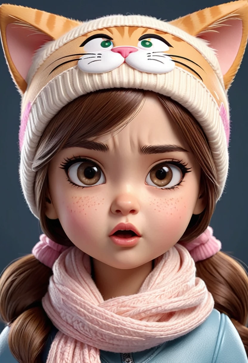 
          Q version cute  girl doll wearing cat ears hat and scarf, angry frown, disgusted eyes, cute 3D cartoon style, accurate anatomy, extremely delicate texture, clear and detailed animation, high quality cartoon characters, high quality realistic
           