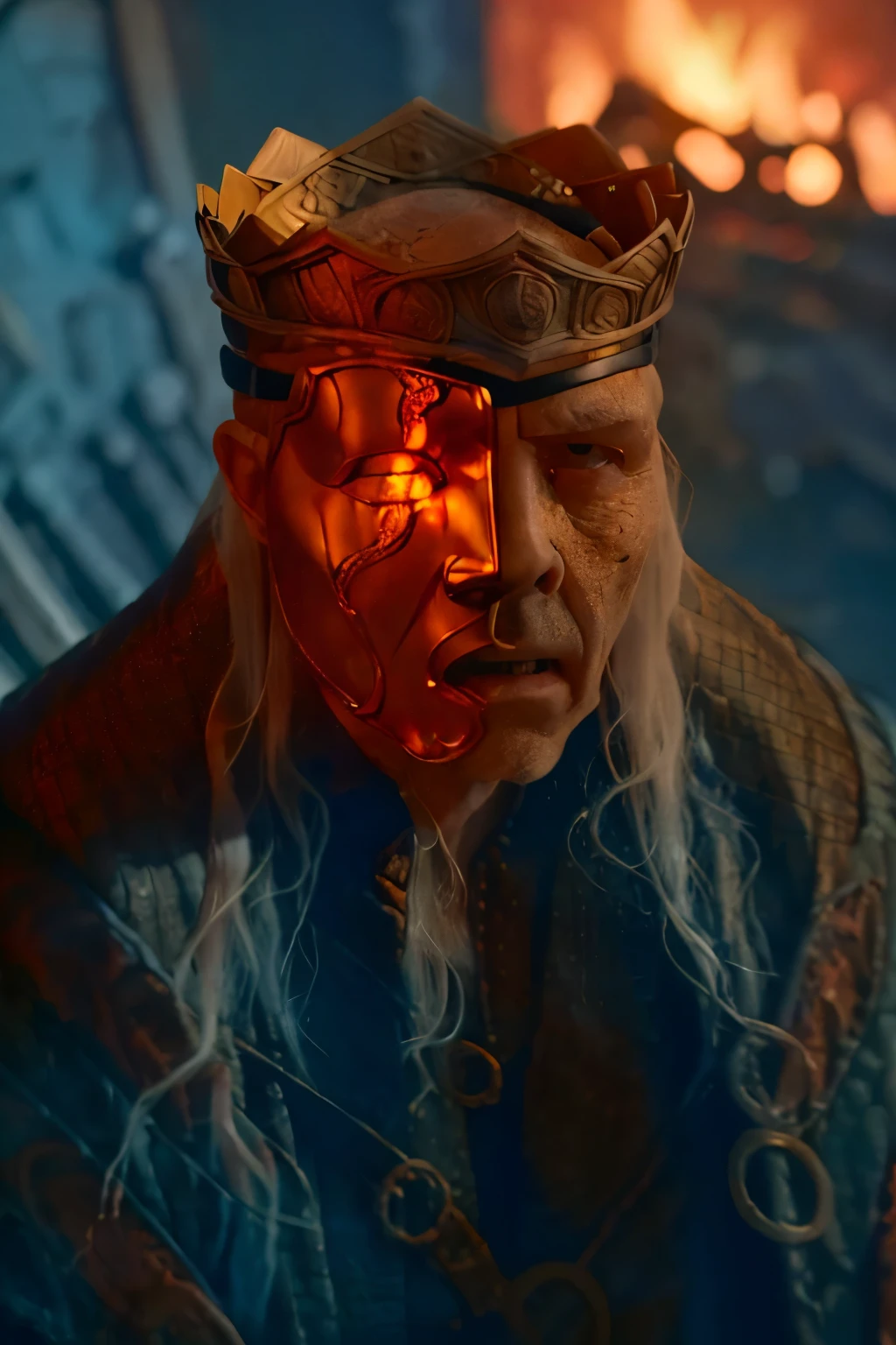 
(masterpiece, best quality:1.2), (((1 Man, male))), (((Full Body, Cinematic epic poster))) of Sick Viserys ,((old man 80 years old)), (((hotting face))) , zombie , ((wearing a golden mask on half face, crown on her head)),  Gothic style, (((detailed face))), (a detailed RAW photo of a ), (master part:1.0), (best quality:1.4), (Ultra Highres:1.2), (photorealistic:1.4), 8K resolution, Canon EOS R5, 50 millimeters, Absurd, Ultra Detailed, sharp focus, Cinematic lighting, detailed face, (ULZZANG-6500-V1.1), detailed skin texture, pale skin, chest round, (pale :0.5), Cinematic lighting. (((Abstract flame background, cinematic lighting ))) 