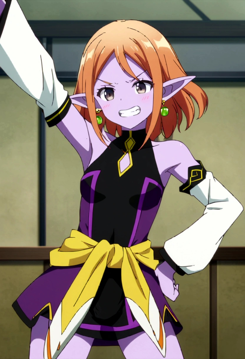 ,Chronoa, source_anime, score_9, score_8_up, score_7_up, anime screencap,8k, absurdres, chronoa, 1girl, solo, bare shoulders, potara earrings, orange hair, pointy ears, black eyes, colored skin, purple skin, official style, low detached sleeves, grin, hand on hip, tunic around waist, yellow sash, navel, torso grab, white sleeves, sleeveless turtleneck leotard, purple tunic, kai tunic, small breasts, high waisted bottomwear, black leotard, clenched teeth, arm up, curved shoulders, bare biceps, short hair, armpit,