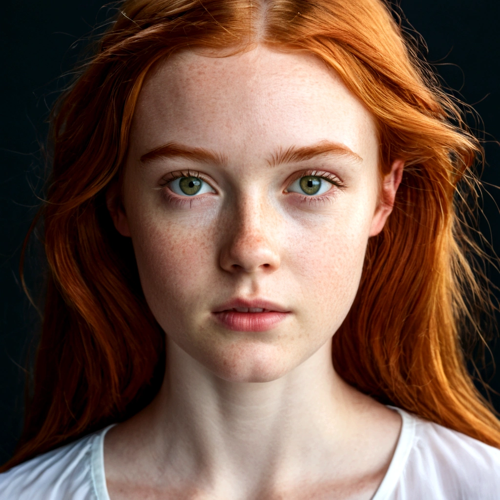 there is a woman with a white shirt and a red hair, soft portrait shot 8 k, redhead woman, red haired young woman, redhead girl, a redheaded young woman, beautiful redhead woman, cinematic headshot portrait, sadie sink, portrait of a red haired girl, portrait of a beautiful model, 7 0 mm portrait, cute young redhead girl, 50mm portrait