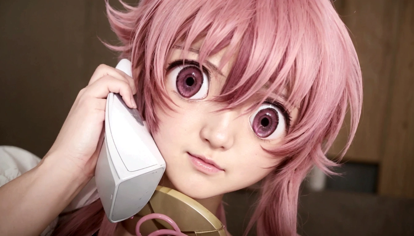 Anime girl with pink hair talking on cell phone., Mirai nikki, chica anime llamada gasai yuno, grandes ojos rosados, gasai yuno, primer plano de otro iwakura, gasai yuno, gasai yuno, ella tiene una linda cara expresiva, sakura haruno, captura de pantalla de un anime de 2012, in the anime movie, escena!!, Impactante