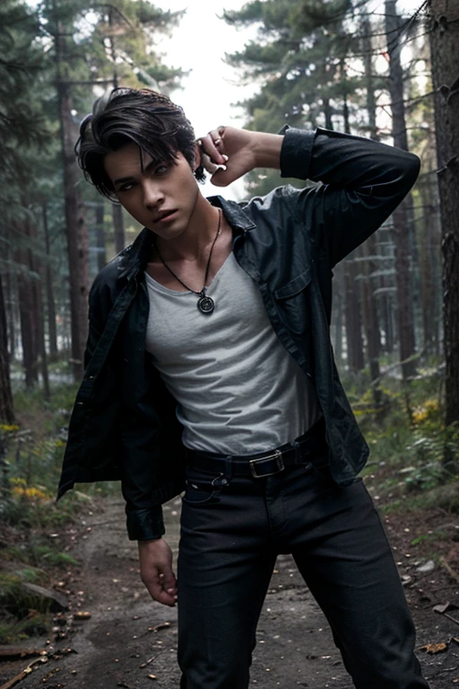 Drew Ray Tanner, Fangs Fogarty, Wolf, 18 years old, short messy black hair, slim muscular build, black eyes, light yellow open shirt, dark blue jeans, black belt, light brown combat boots, pendant silver moon, black gold bottom. , misty forest