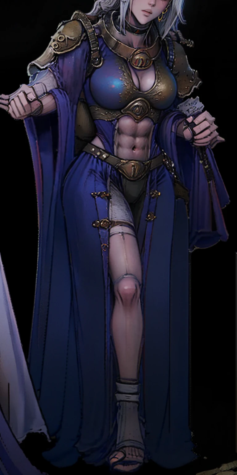 full body toe to head, masterpiece, 1soloMILF BIMBO standing loincloth pose, leather collar choker neck bell shackles wristbands bracers bracelets sleeves and stockings, strong body, abs, shiny skin (masterpiece, best quality) 1girlsolo wearing 40K Warhammer sisters of battle whsororitas (plain background)