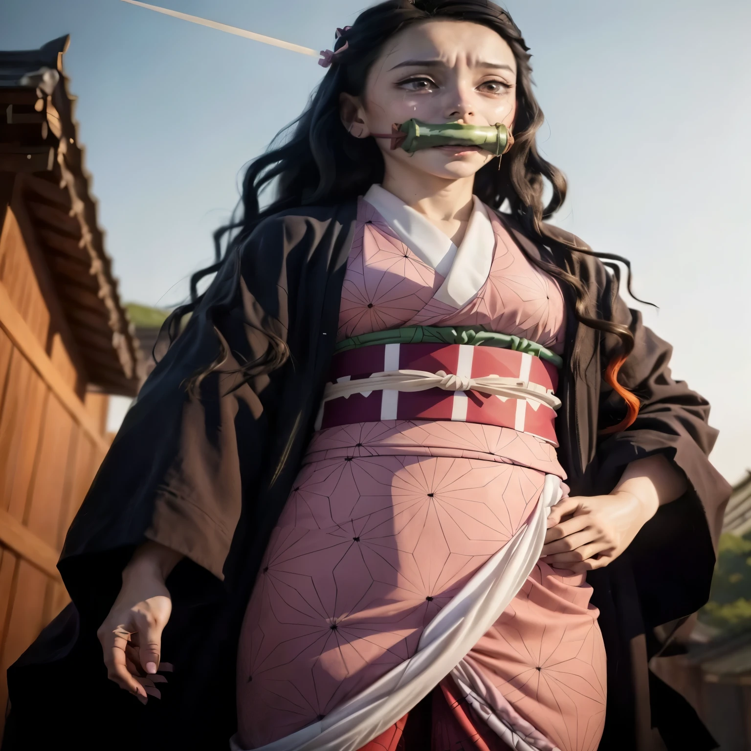 A teenage woman in a kimono holding a bamboo stick in her mouth, nezuko, nezuko-chan, inspired by Kanō Sanraku, Works inspired by Kano Hogai, Maid, He has a sword on his back, fox nobushi holding a naginata, Anime Cosplay