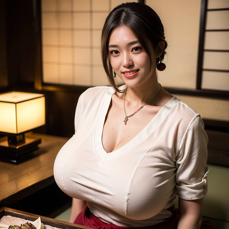 (Extreme Wide Shot:1.3),(Japanese woman:1.3),(huge breasts:1.6),(Slim waist:1.3),(v-neck shirt:1.2),(Thin eyebrows),(smile:1.3),(dark skin:1.3),heavy makeup:1.3, necklace,Earrings,(traditional Japanese restaurant:1.4),highest quality,(((masterpiece))),8k,(((Photorealistic))),(light brown hair:1.3),