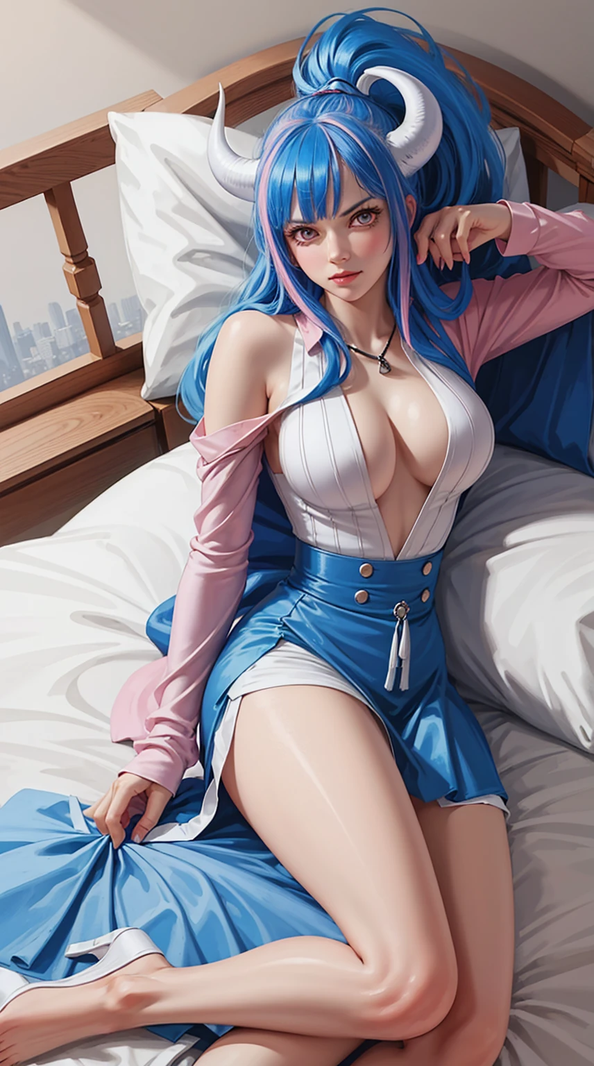 ulti from the anime one piece, has horns, long hair, light blue hair, pink eyes, ponytail, beautiful, beautiful woman, perfect body, perfect breasts, wearing a big white t-shirt, black panties, in bed, room sleep, bed, sitting on the bed sleeping, looking at the viewer, slightly smiling, realism, masterpiece, textured leather, super detail, high detail, high quality, best quality, 1080p, 16k