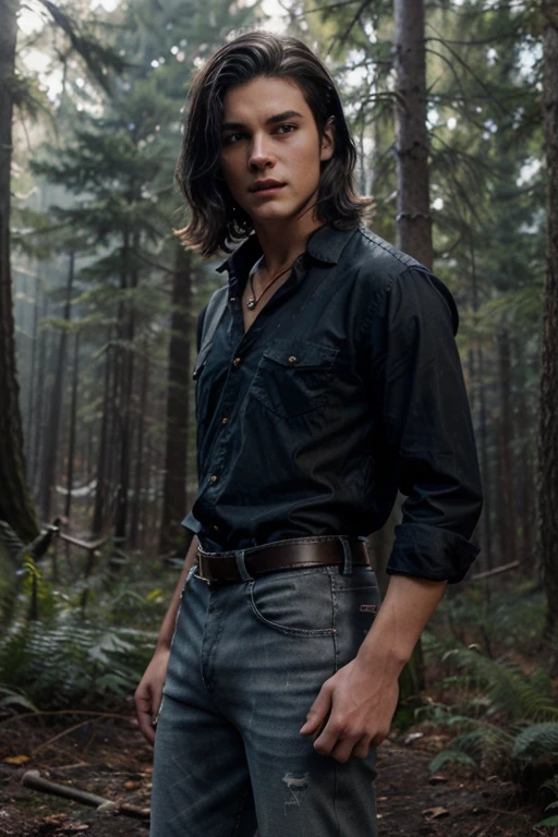 Drew Ray Tanner, Fangs Fogarty,  Wolf, 18 years old, short messy black hair, slim muscular build, black eyes, light yellow open shirt, dark blue jeans, black belt, light brown combat boots, pendant silver moon, black gold bottom. , misty forest