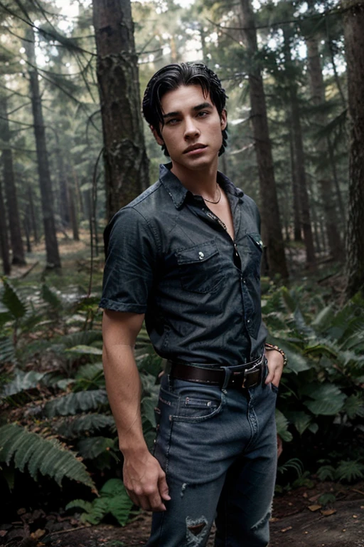 Drew Ray Tanner, Fangs Fogarty, Wolf, 18 years old, short messy black hair, slim muscular build, black eyes, light yellow open shirt, dark blue jeans, black belt, light brown combat boots, pendant silver moon, black gold bottom. , misty forest