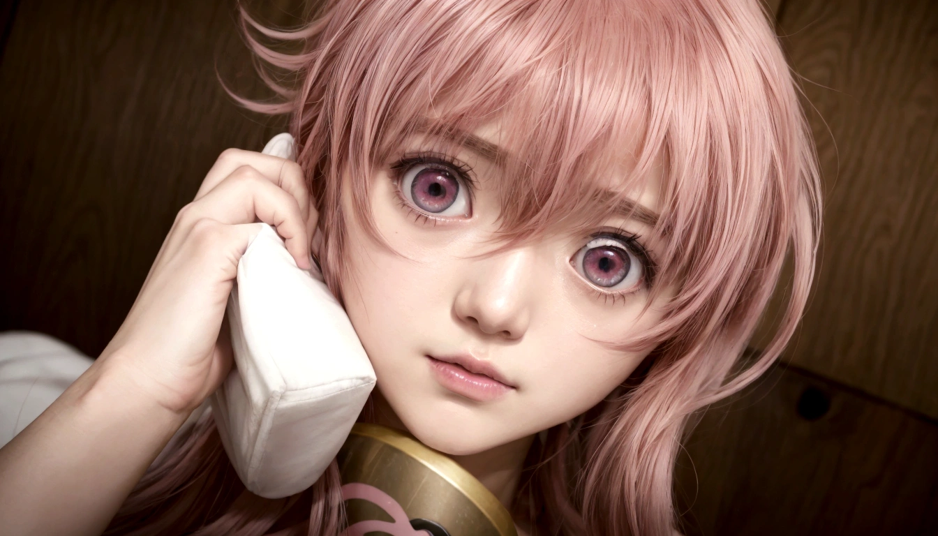 Anime girl with pink hair talking on cell phone., Mirai nikki, chica anime llamada gasai yuno, grandes ojos rosados, gasai yuno, primer plano de otro iwakura, gasai yuno, gasai yuno, ella tiene una linda cara expresiva, sakura haruno, captura de pantalla de un anime de 2012, in the anime movie, escena!!, Impactante