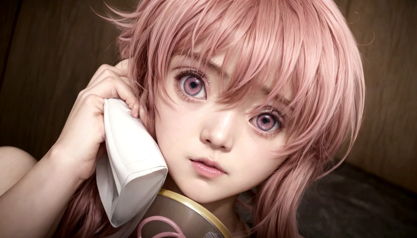 Anime girl with pink hair talking on cell phone., Mirai nikki, chica anime llamada gasai yuno, grandes ojos rosados, gasai yuno, primer plano de otro iwakura, gasai yuno, gasai yuno, ella tiene una linda cara expresiva, gasai yuno, captura de pantalla de un anime de 2012, in the anime movie, escena!!, Impactante