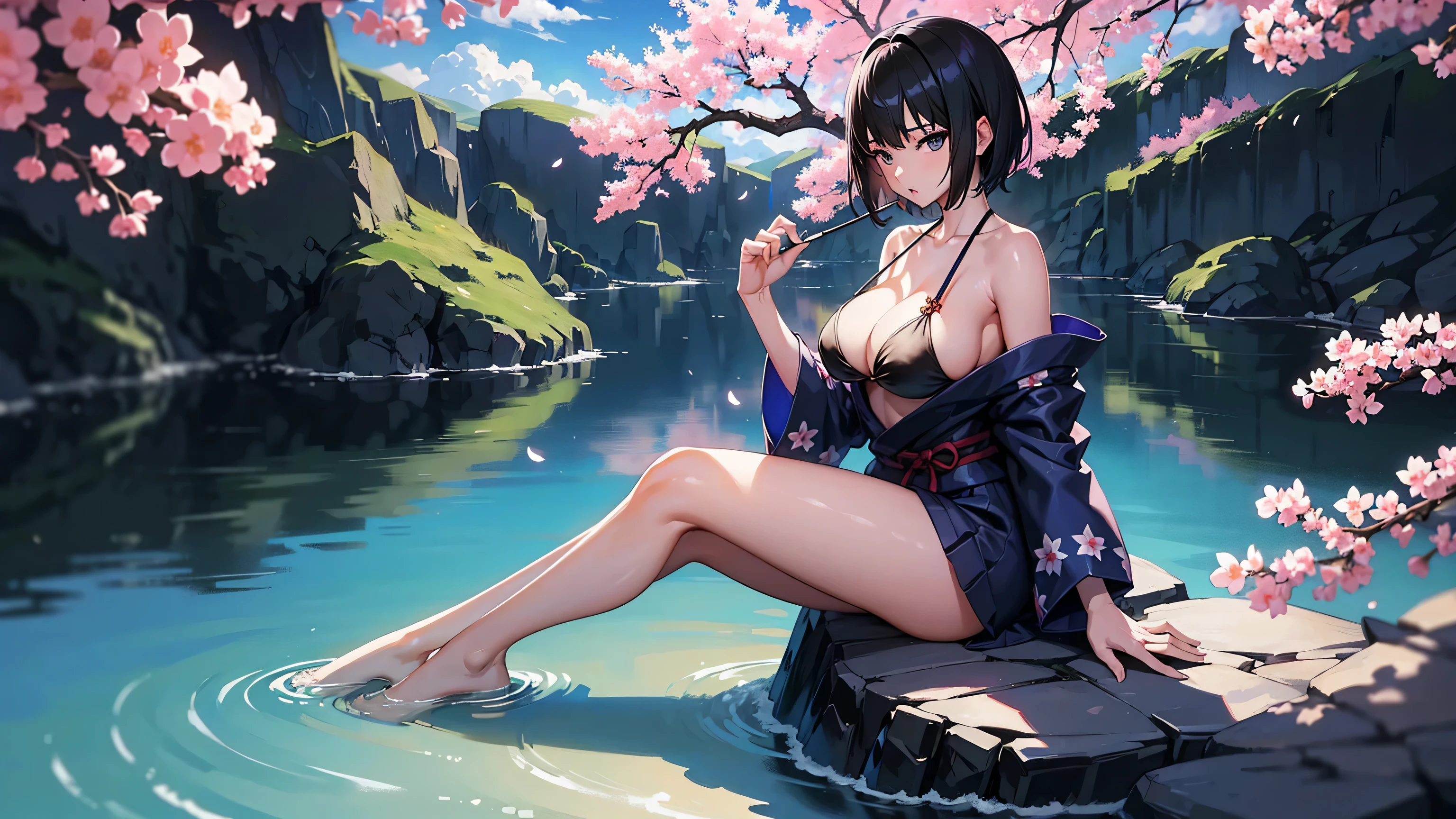 4k, masterpiece, highest quality,  full body, midnight, bikini with yukata, big breasts, short black hair, embarrased, full height, clear eyes, intricate detailed, dramatic, makoto shinkai, sitting on rock under sakura tree