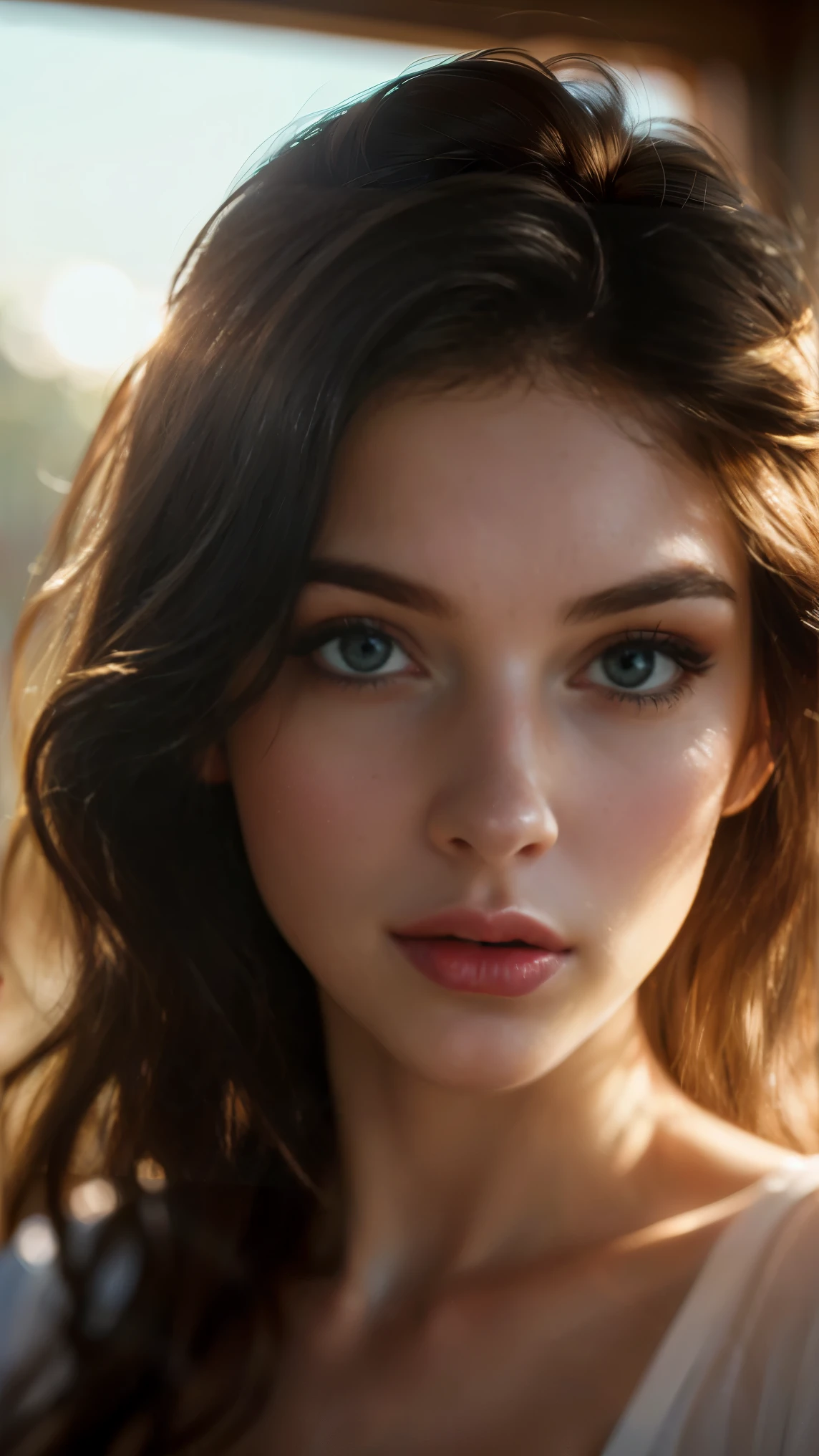 (((ultra realistic))) Photo, masterpiece, top quality, (pale skin), (Ultra detailed face and eyes:1.3), 1 girl, Adult, in a T-shirt, (Eye makeup, mascara) , ((large detailed lips)), ((ash wavy hair)), ((Chyolka)) , (Natural breasts), Slim waist. ((Posing)), photoshoot, studio (soft lighting), (The play of light and shadows), depth of field, bokeh, (special attention to skin detail: 1.2), Detailed leather texture, skin pores. (Airy atmosphere of the frame. Color range - delicate, Bright, white, Pink tones), UDR, ((Film grain)), ((rays)), ((glare of the sun)), ((waist up portrait, close to the camera)) , ultra detialed,